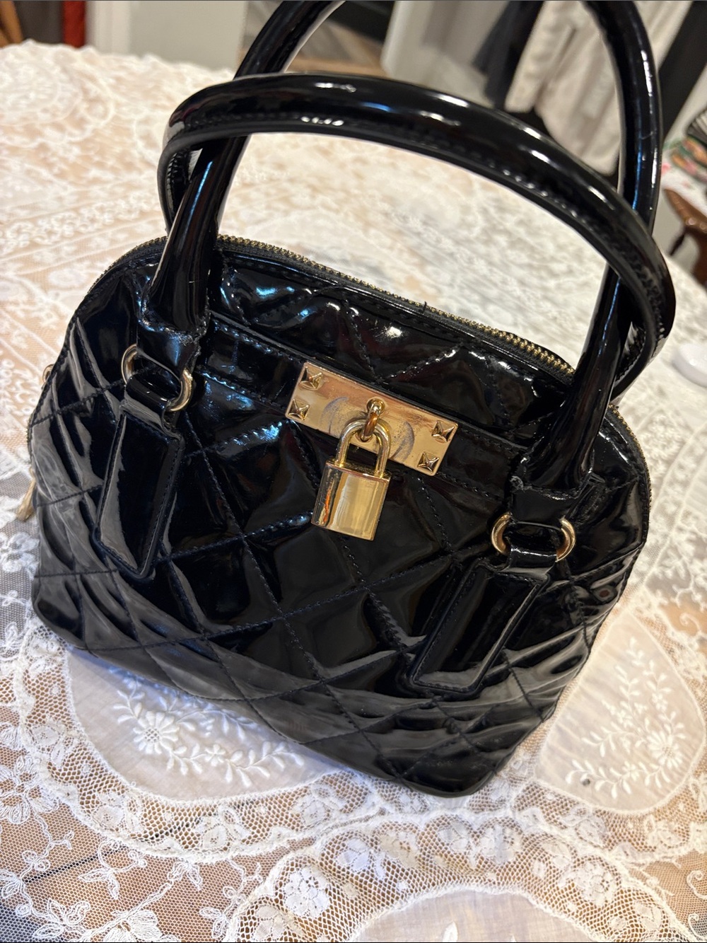 Aldo Black Quilted Patent Satchel with Gold Padlock